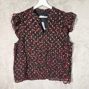 J. Crew Ruffleneck Flutter Sleeve Large Top Ditsy Floral Metallic Gold Foil